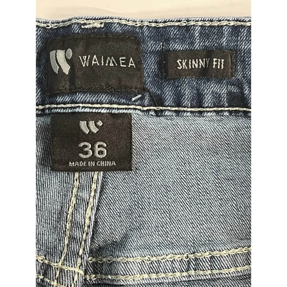 Waimea Jeans Mens Size 36x40 Blue‎ Skinny Fit Washed Denim Distressed Spotted